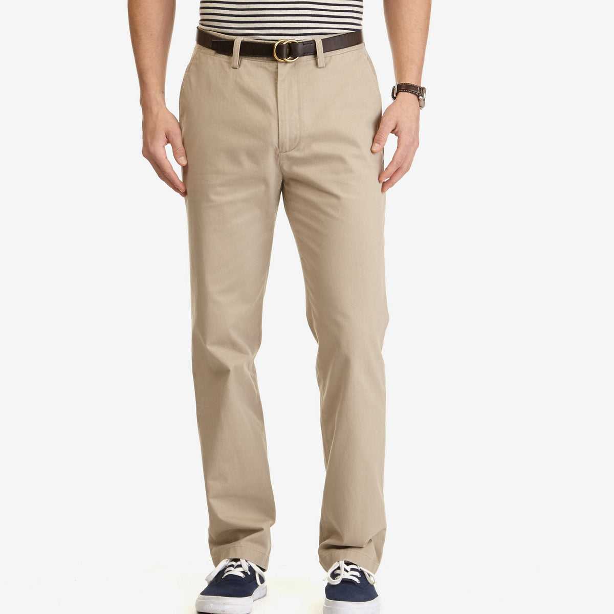 NAUTICA Mens Classic Fit Flat Front Stretch Solid Chino Deck Pant, True Khaki, 36W x 32L Nautica