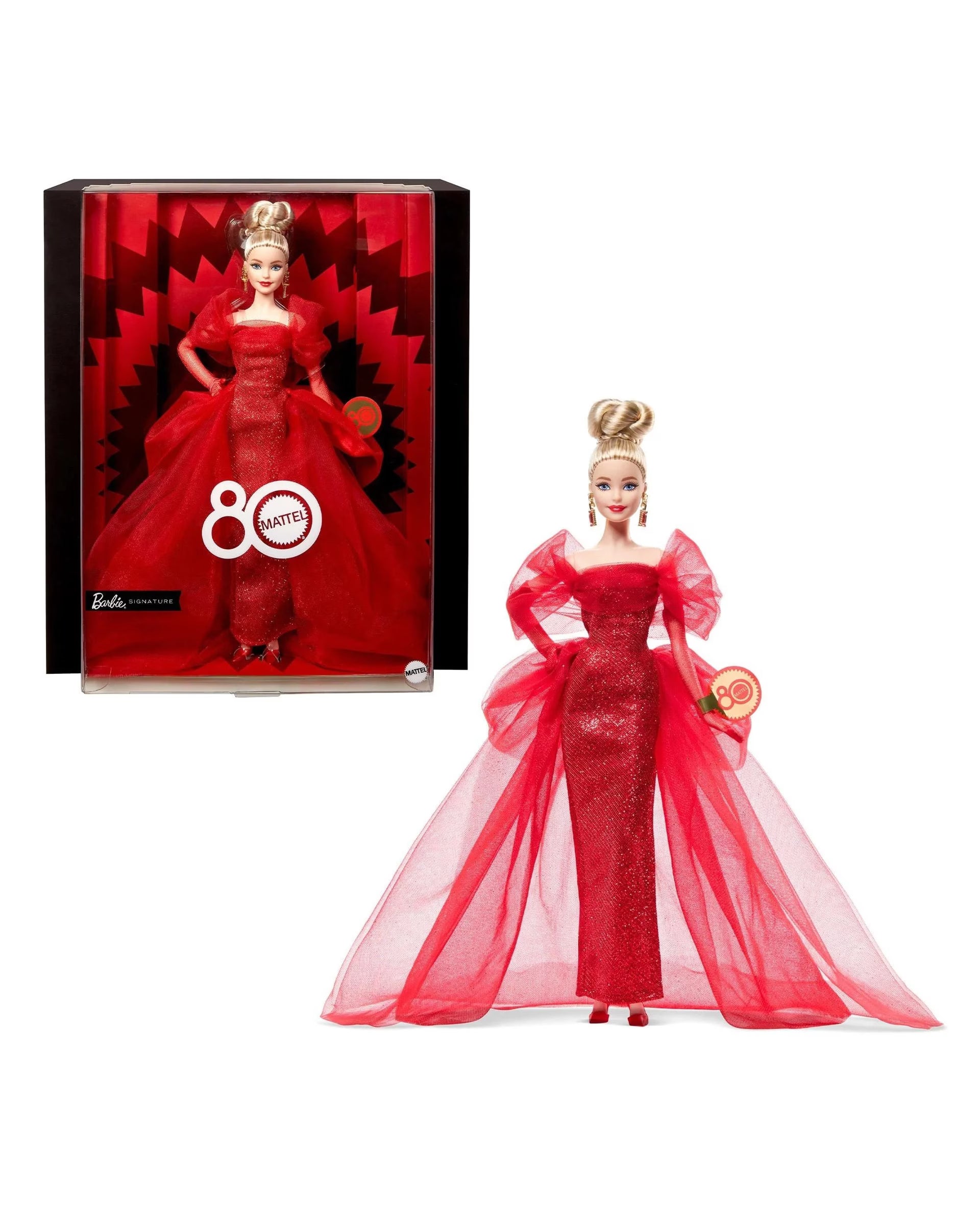 Barbie Signature Doll, Mattel 80th Anniversary Collectible in Glittery Red Tulle Gown with Drop Earrings and Sheer Gloves, Blonde Hair BARBIE