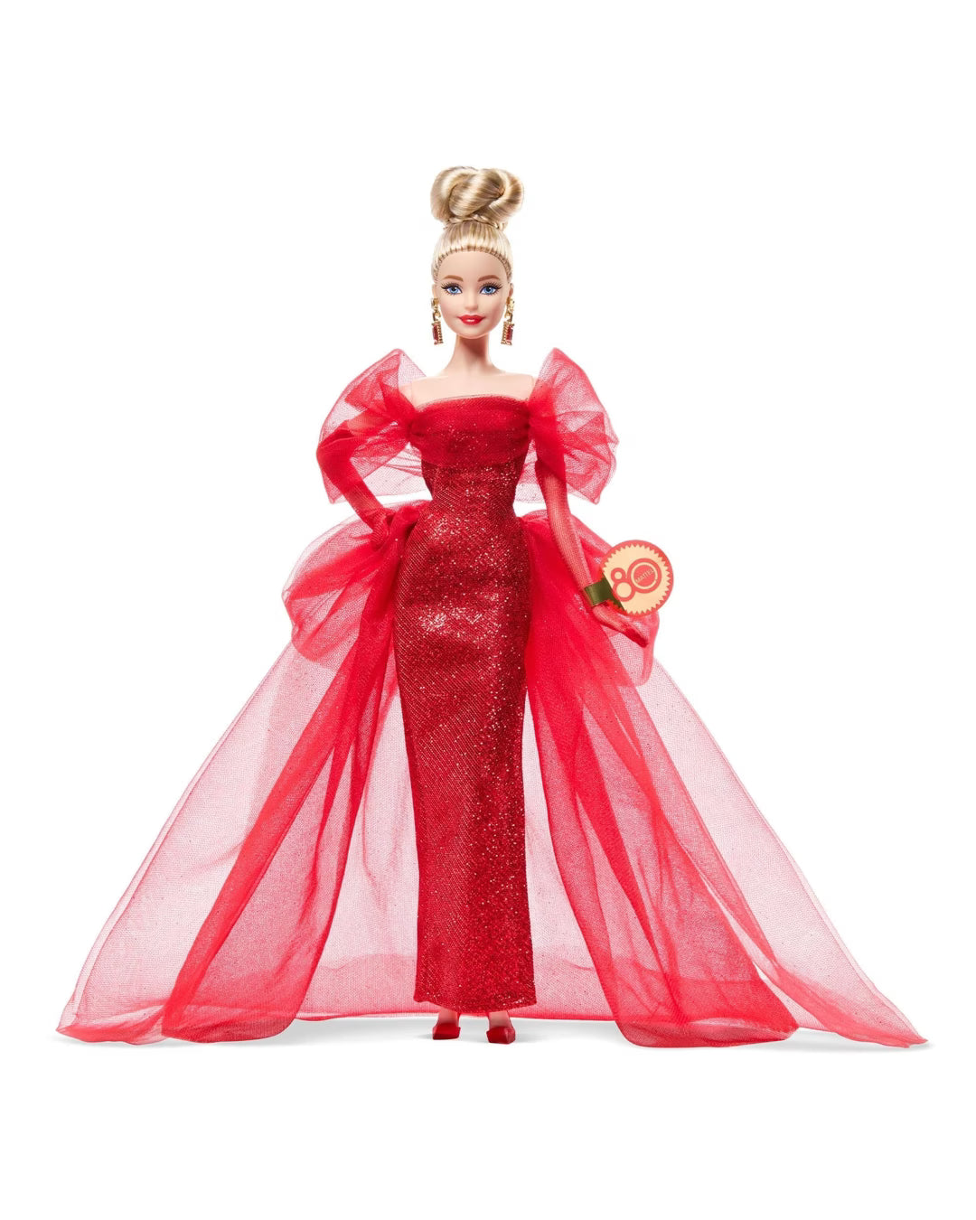 Barbie Signature Doll, Mattel 80th Anniversary Collectible in Glittery Red Tulle Gown with Drop Earrings and Sheer Gloves, Blonde Hair BARBIE