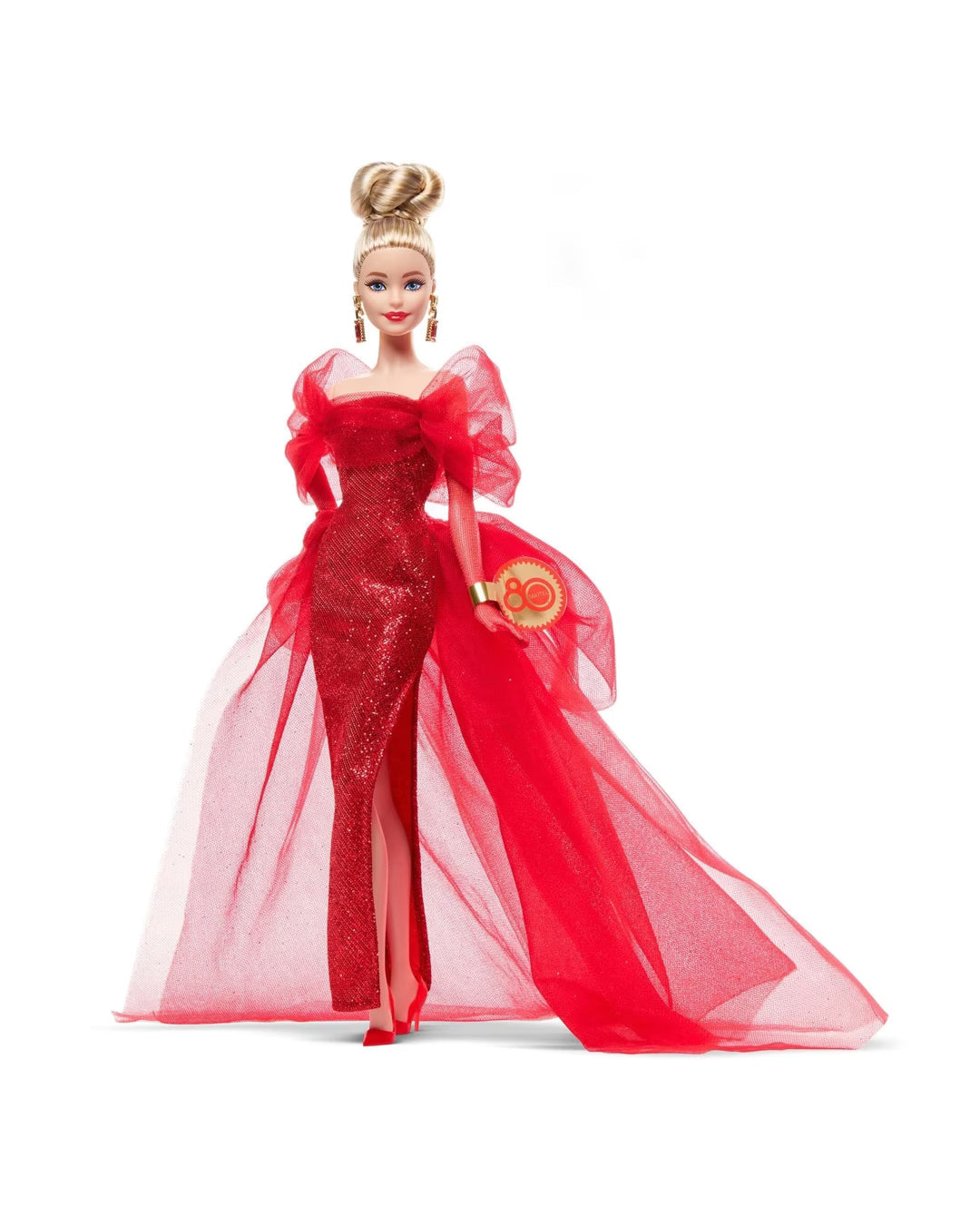Barbie Signature Doll, Mattel 80th Anniversary Collectible in Glittery Red Tulle Gown with Drop Earrings and Sheer Gloves, Blonde Hair BARBIE
