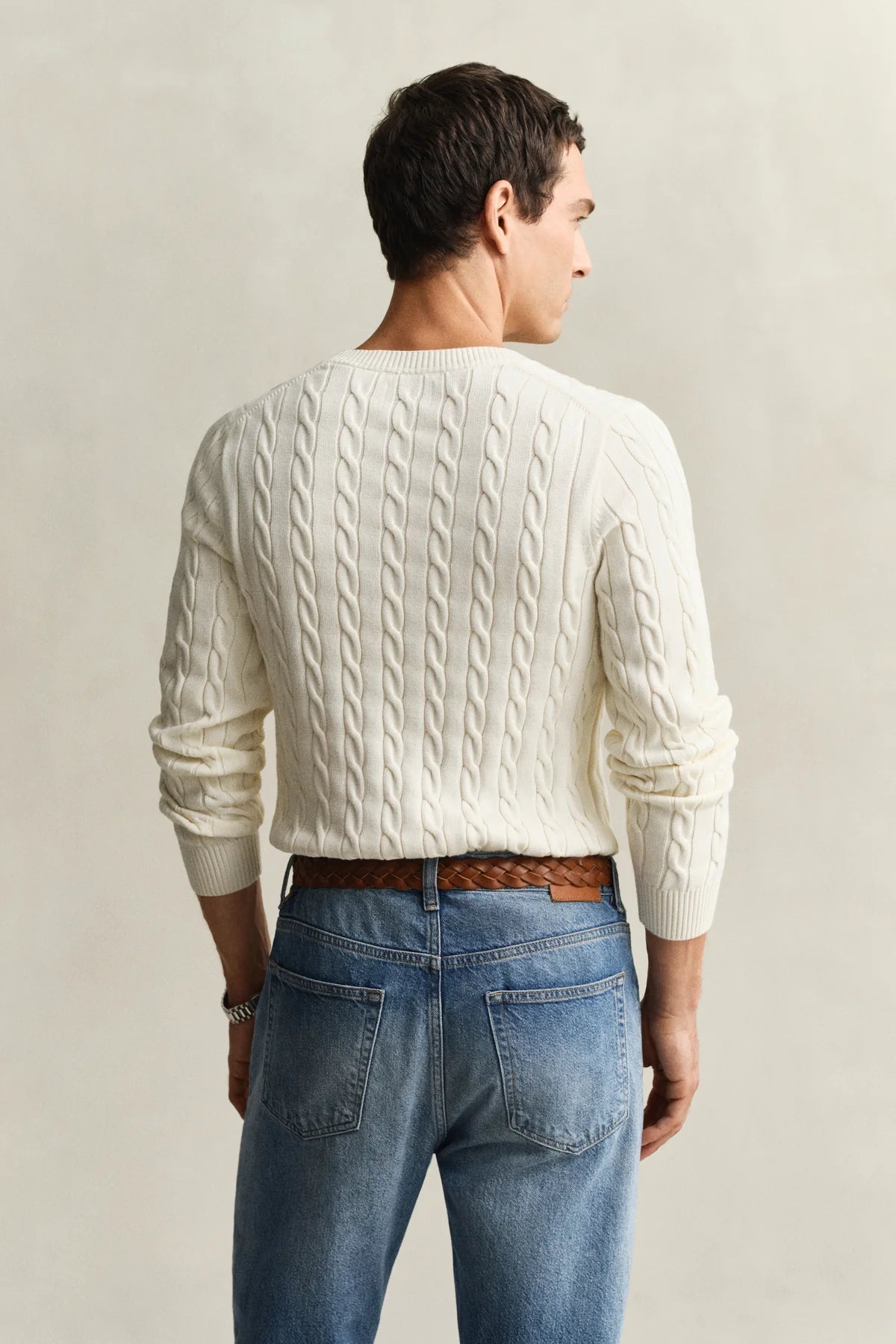 GANT Men's Cotton Cable C-Neck Sweater, Cream, XS GANT