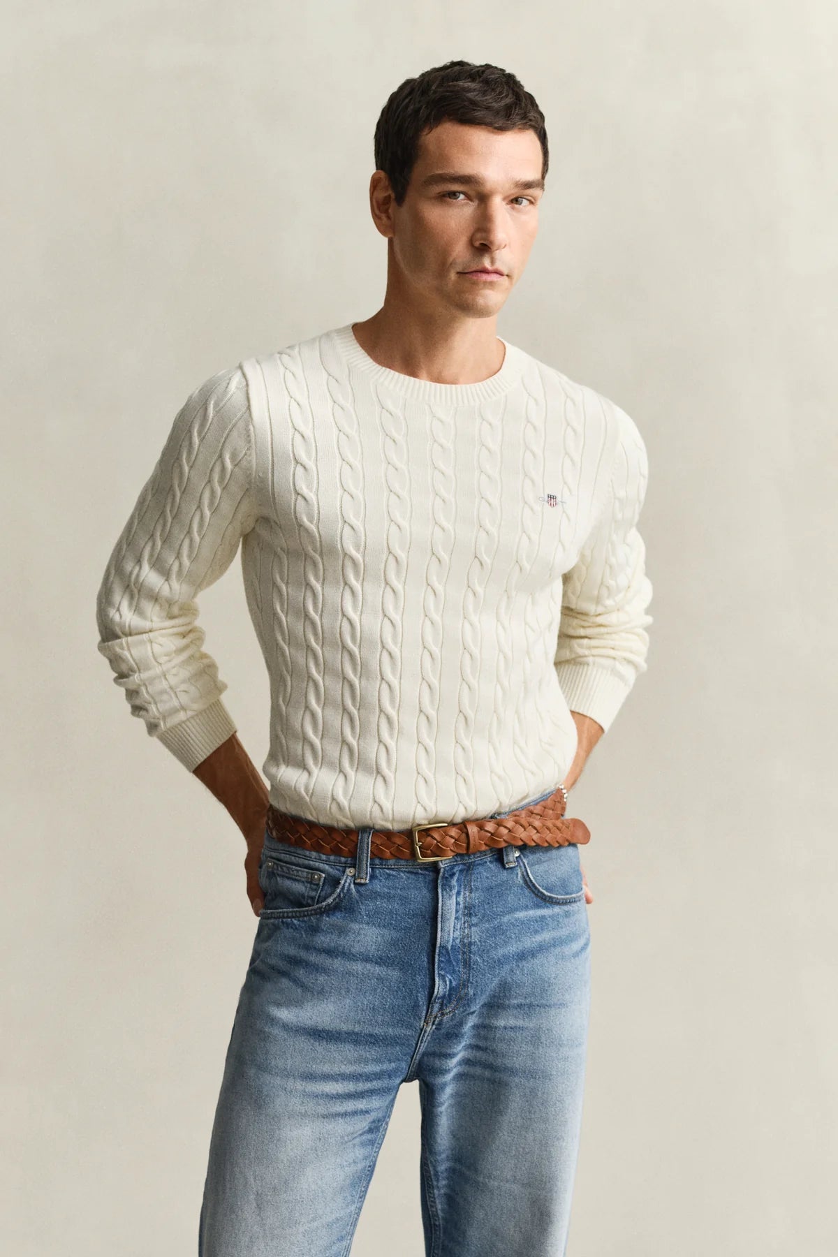 GANT Men's Cotton Cable C-Neck Sweater, Cream, XS GANT