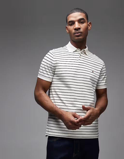 Tommy Hilfiger Men's Regular Fit Striped Polo, Fresh White, Medium Tommy Hilfiger