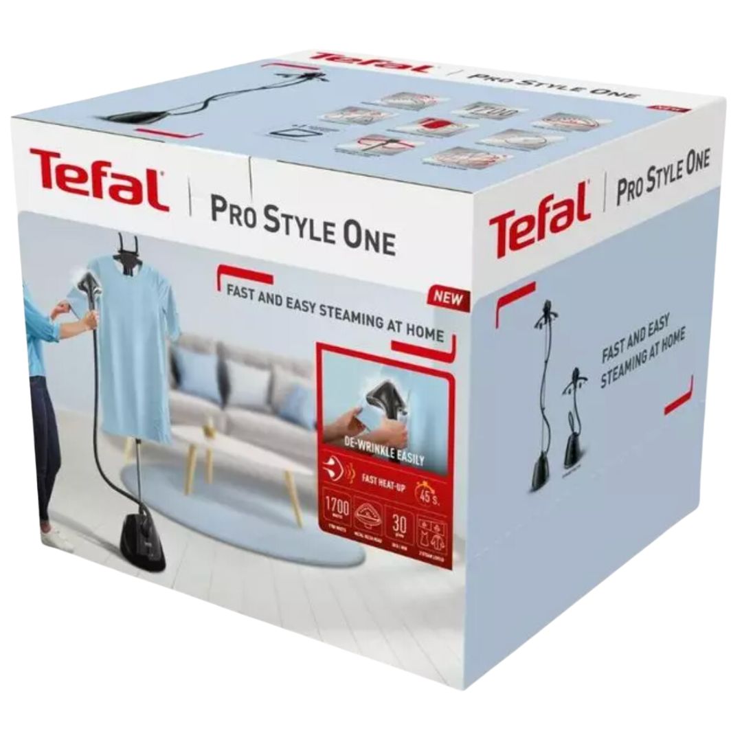 Tefal Pro Style One Upright Garment Steamer - Refurbished, featuring a powerful steam output and vertical hanging capabilities. Ideal for removing wrinkles and freshening clothes in Perth, Australia.