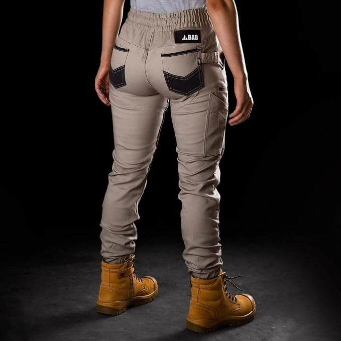 Bad Workwear Women's Saviour Cuffed Elastic Waist Work Pants, Khaki, 14 Bad Workwear