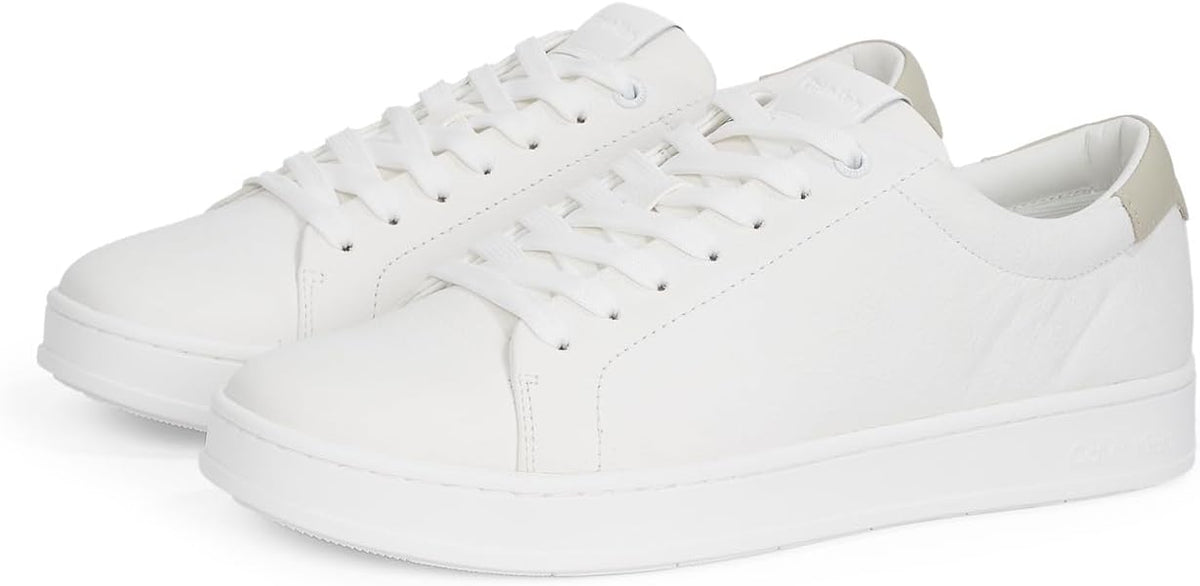 Calvin Klein Men's Low Top Lace Up Leather Sneaker, White/Feather Gray - EU 40 Calvin Klein