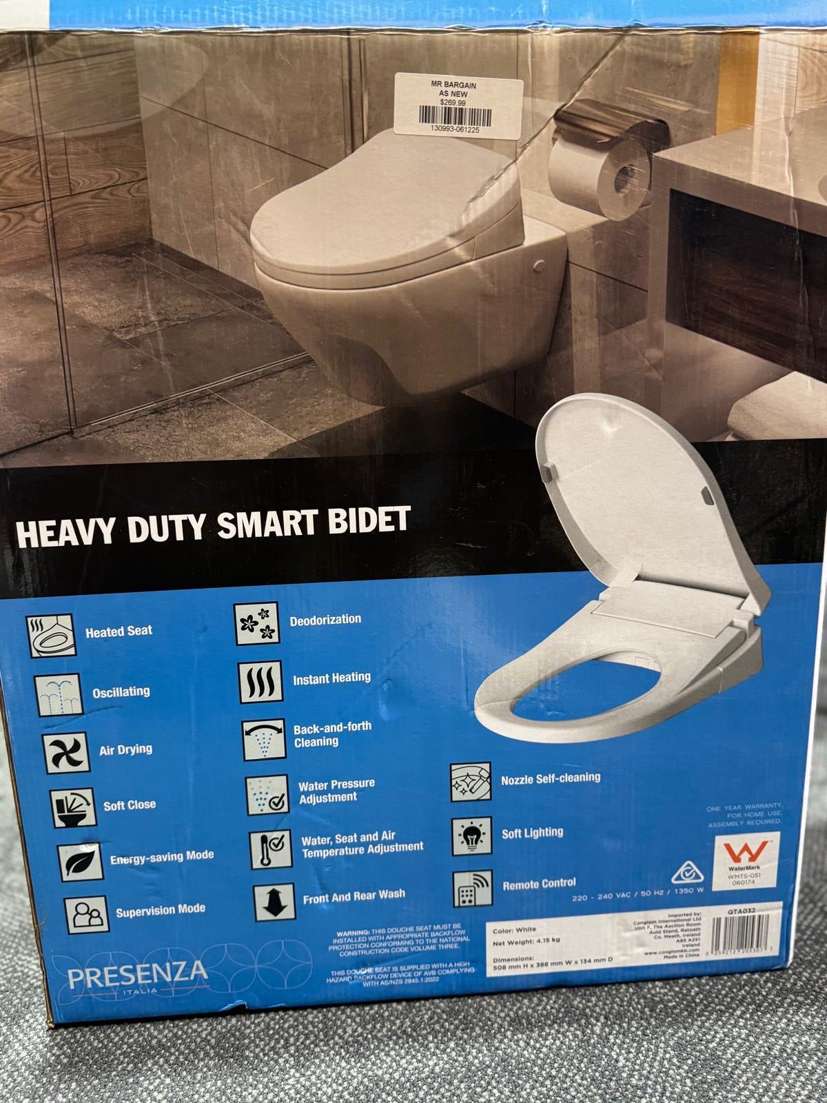Presenza QTA032 Smart Bidet Toilet Seat White Heated Washlet – As New PRESENZA