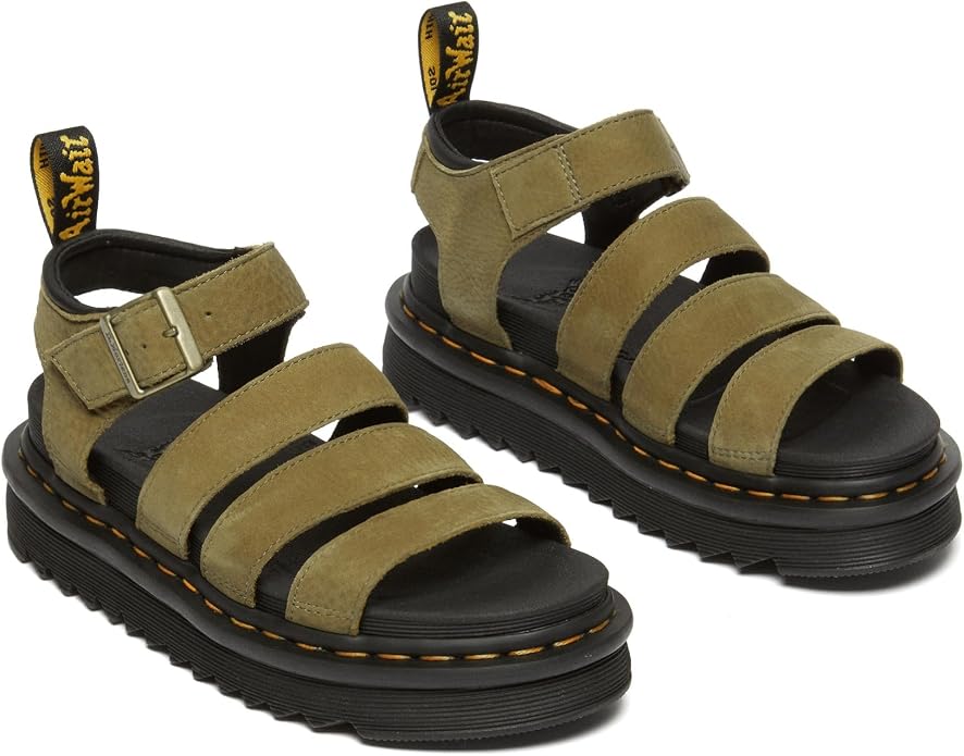 Dr. Martens Women's Blaire 3-Strap Sandal, Muted Olive Tumbled Nubuck Leather, UK 8/US 10 / EU 42 Dr Martens