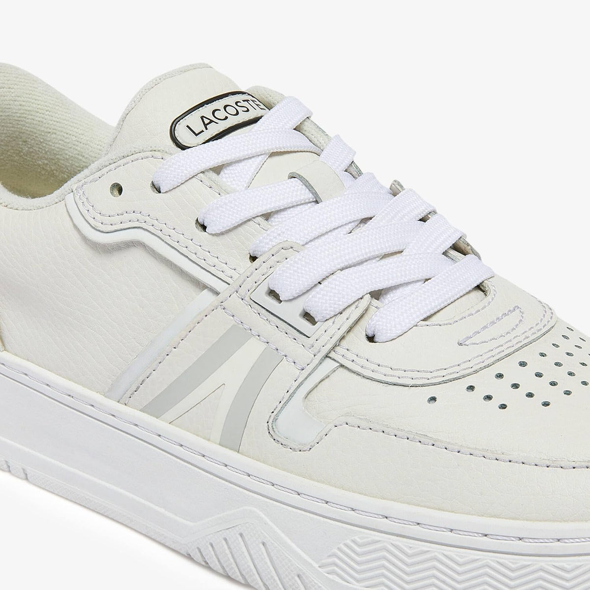 Lacoste Women's L001 Sneaker, White/Off White - close-up detail