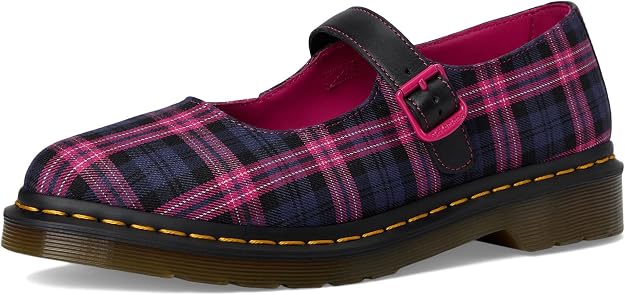 Dr. Martens Women's Elphie Mary Jane Shoe, Black & Pink Multi Tartan Woven, UK 4/US 6 Dr Martens
