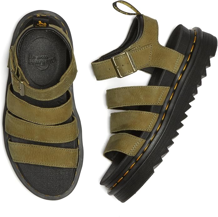 Dr. Martens Women's Blaire 3-Strap Sandal, Muted Olive Tumbled Nubuck Leather, UK 8/US 10 / EU 42 Dr Martens