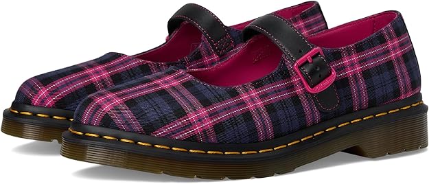 Dr. Martens Women's Elphie Mary Jane Shoe, Black & Pink Multi Tartan Woven, UK 4/US 6 Dr Martens