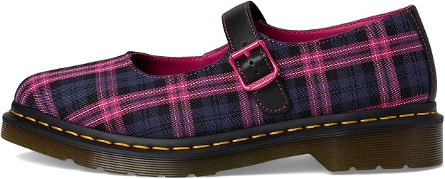 Dr. Martens Women's Elphie Mary Jane Shoe, Black & Pink Multi Tartan Woven, UK 4/US 6 Dr Martens