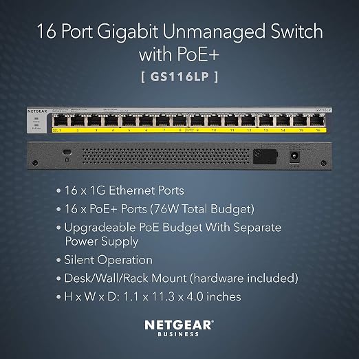 NETGEAR GS116LP 16-Port Gigabit PoE+ 76W Unmanaged Network Switch – As New Netgear