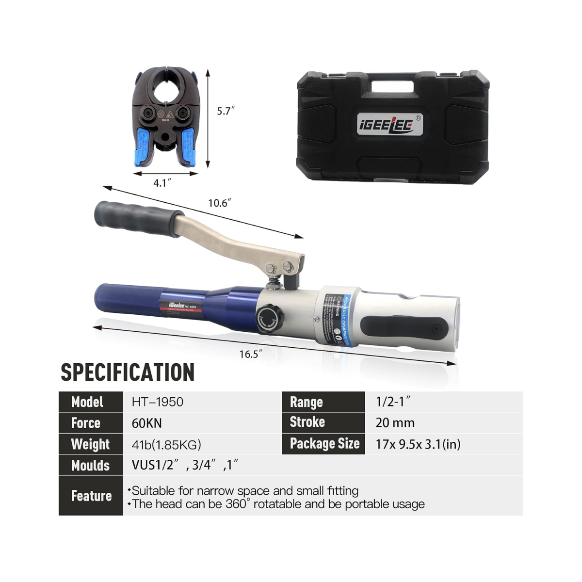 iGeelee Hydraulic Copper Pipe Press Tool with 1/2",3/4" and (1" Dies missing ) - Excellent Used iGeelee