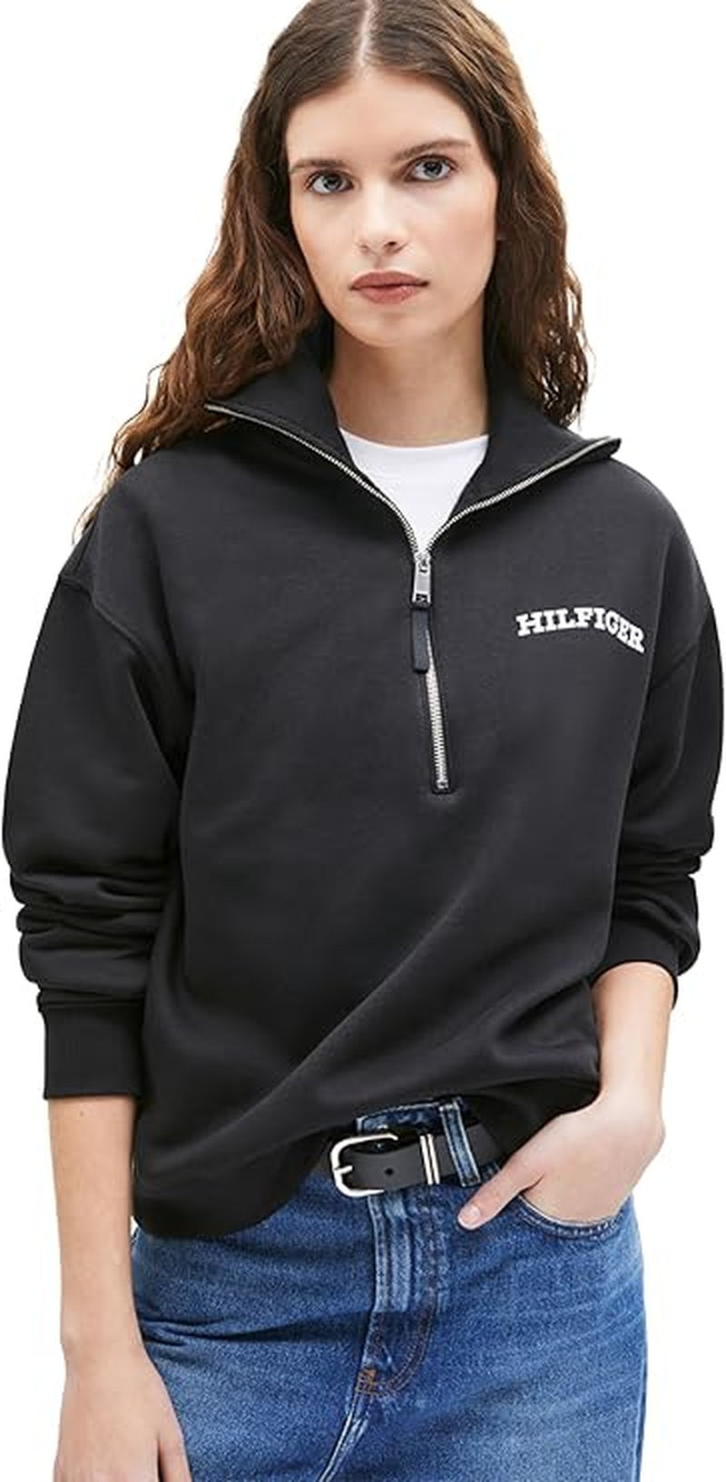 Tommy Hilfiger Women's, Half-Zip Flocked Monotype Sweatshirt, Black, Large Tommy Hilfiger