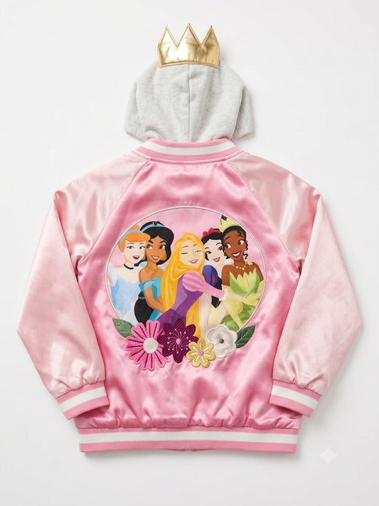 Disney Princess Girls' Pink Satin Hooded Varsity Jacket -2-piece set Disney