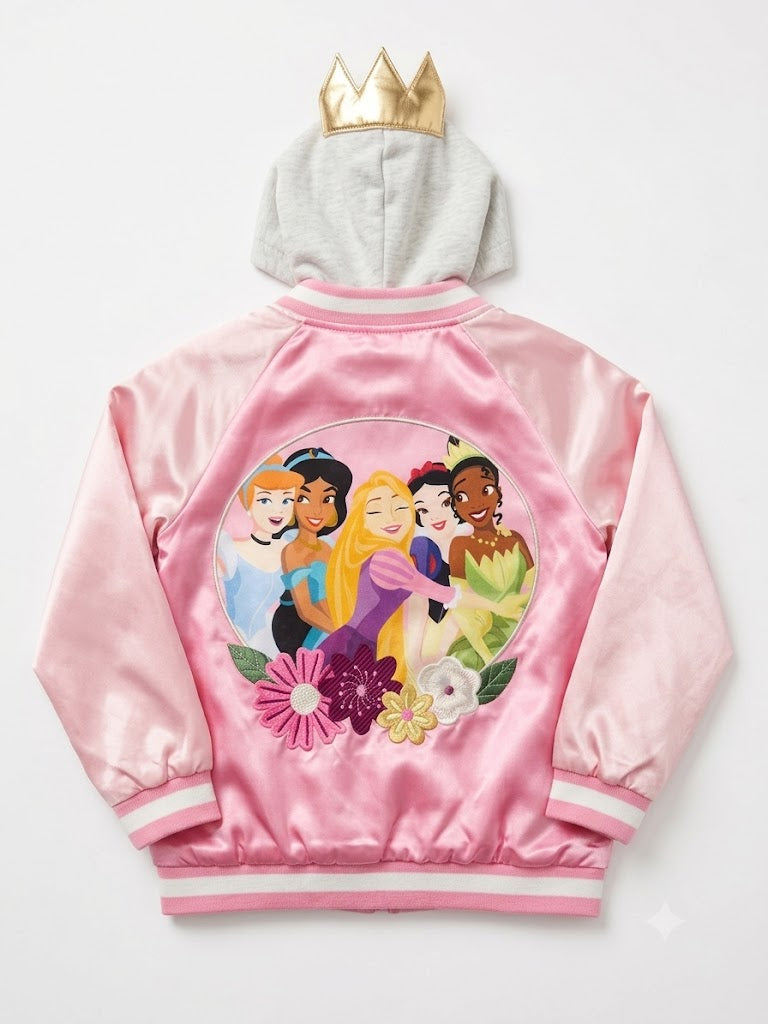 Disney Princess Girls' Pink Satin Hooded Varsity Jacket -2-piece set Disney