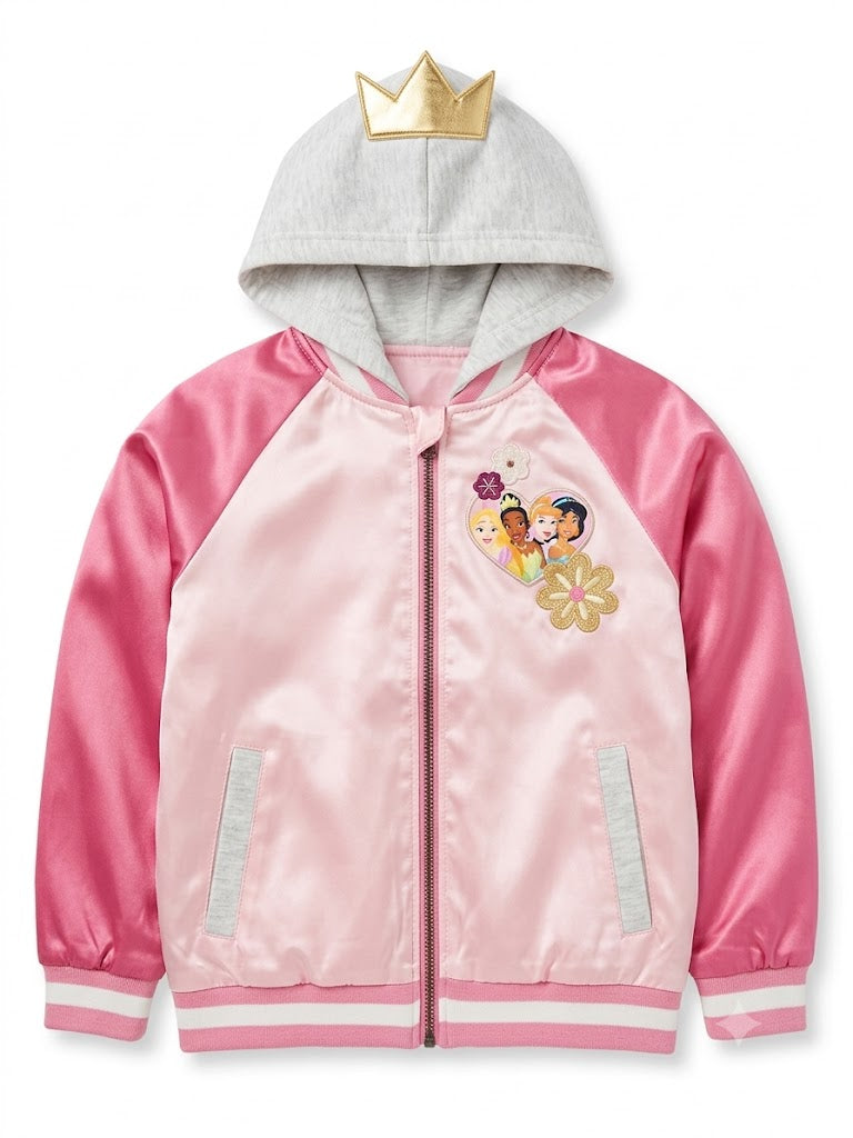 Disney Princess Girls' Pink Satin Hooded Varsity Jacket -2-piece set Disney