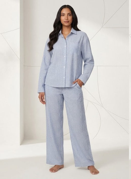 DKNY Women's Long Sleeve 2 Piece Woven Pyjama set- Blue Stripes DKNY