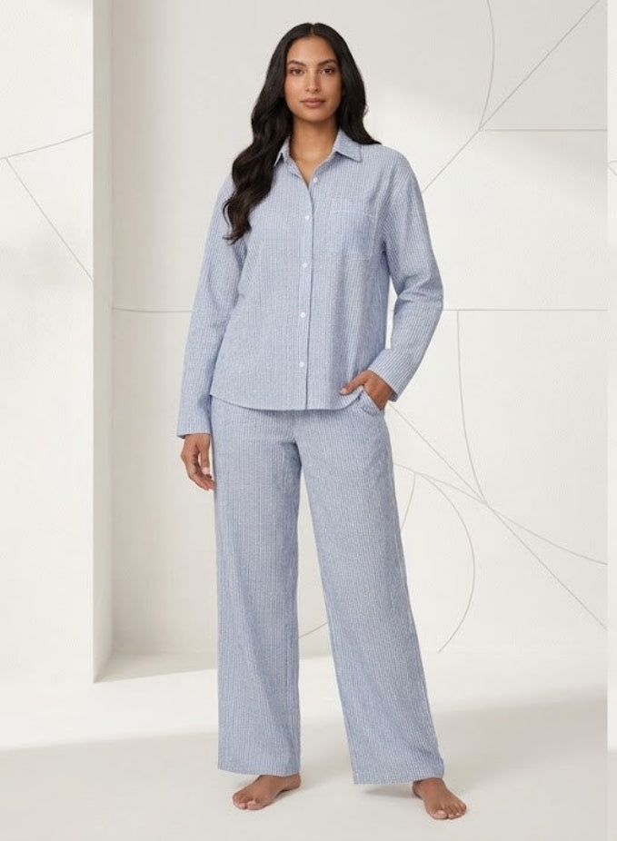 DKNY Women's Long Sleeve 2 Piece Woven Pyjama set- Blue Stripes DKNY
