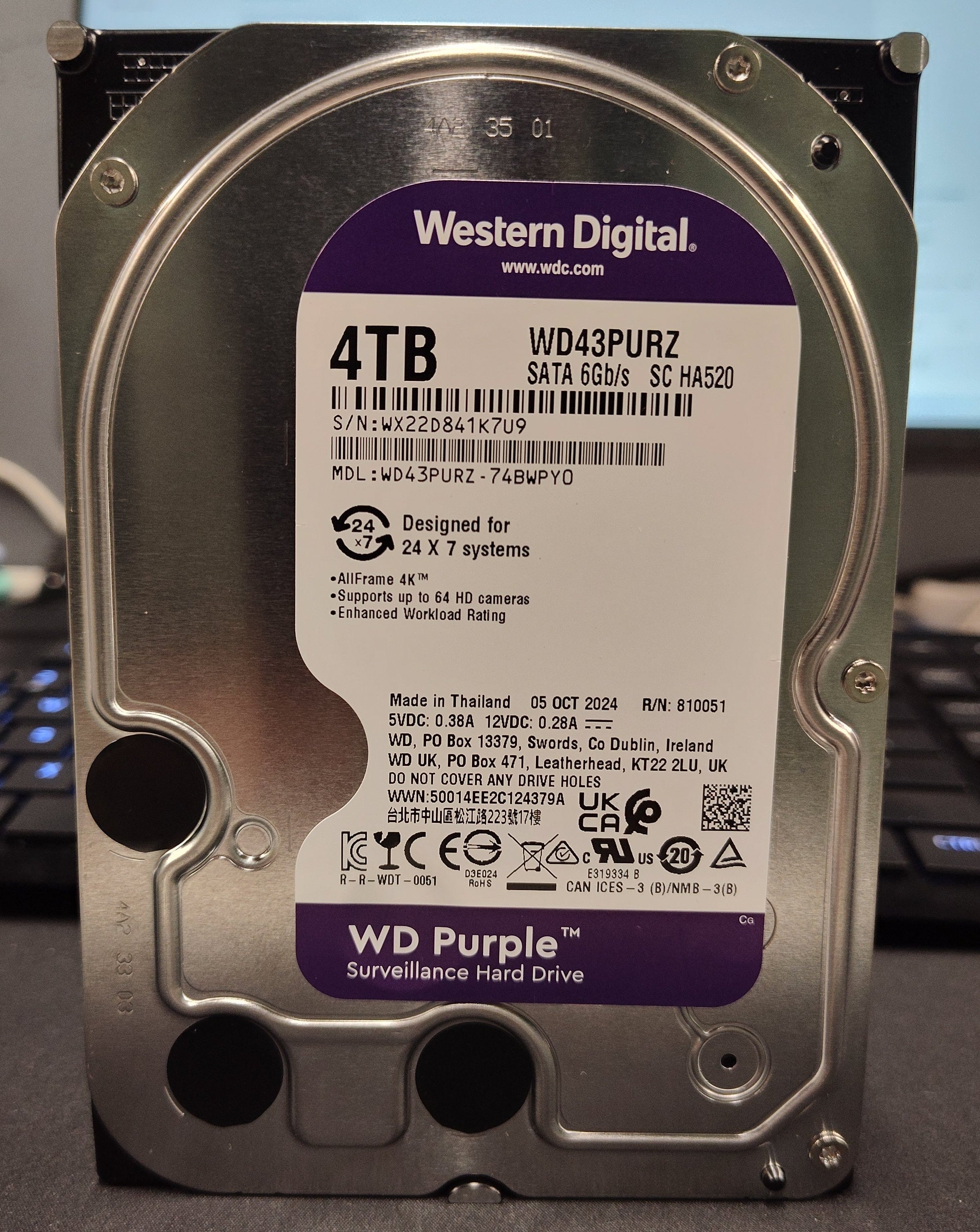 Western Digital WD Purple 4TB Surveillance HDD 3.5" SATA WD43PURZ – As New WESTERN DIGITAL