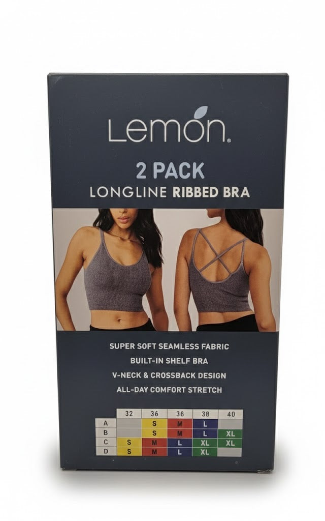 Lemon 2 Pack Women's Long Line Ribbed Bra Mr Bargain
