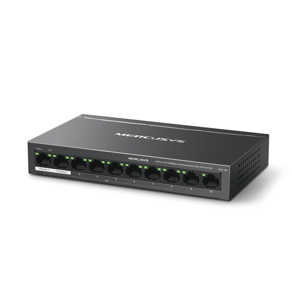 Mercusys MS110P 10-port desktop switch with 8-port PoE+ - port and label detail