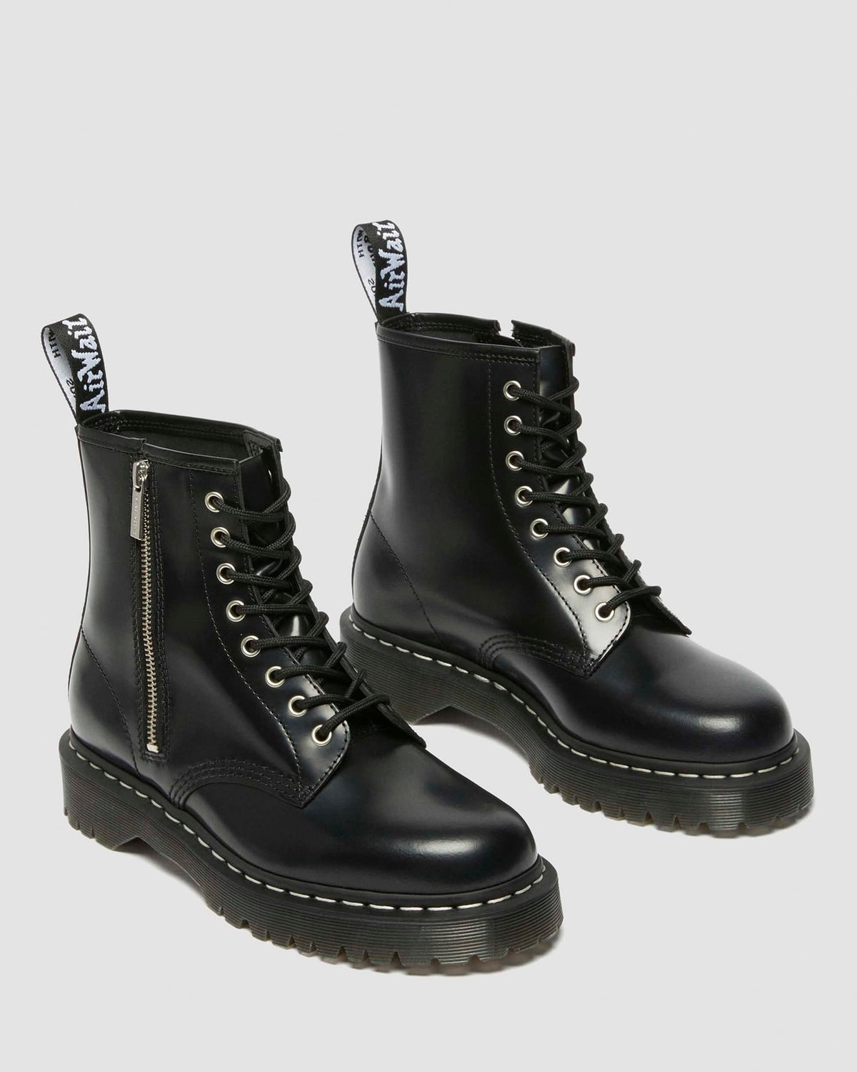 Dr. Martens 1460 Bex Zip Boot, Black White Stitch Polished Smooth Leather - zip detail