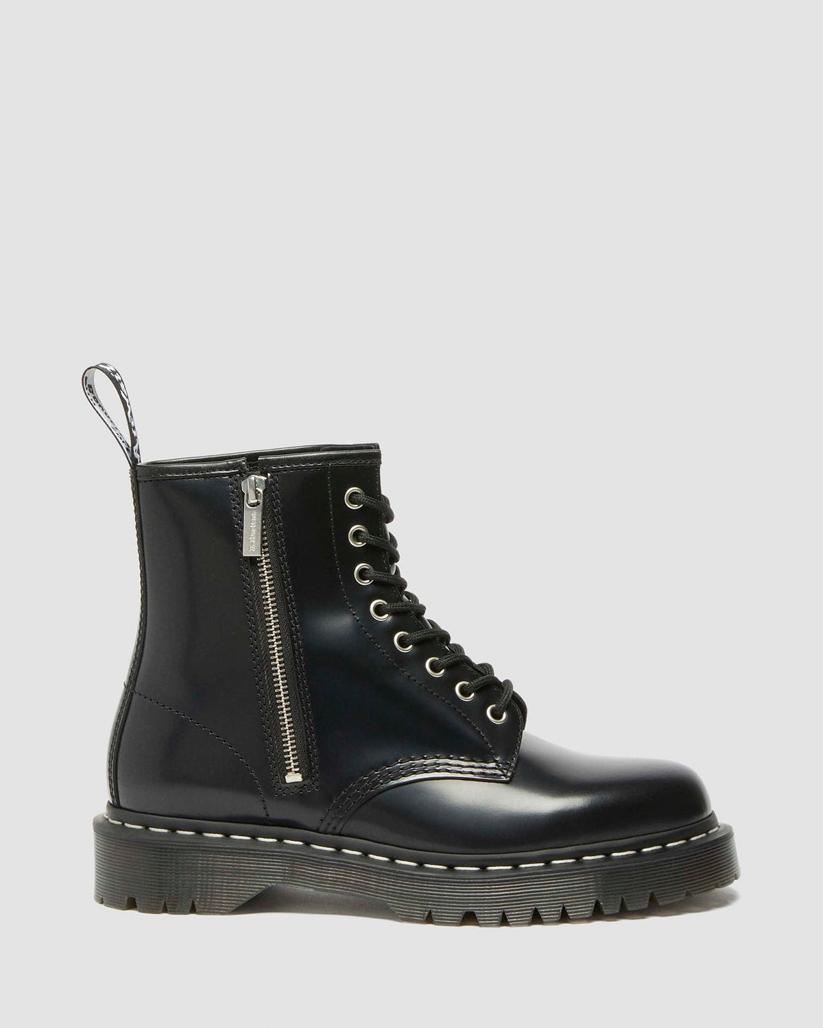 Dr. Martens 1460 Bex Zip Boot, Black White Stitch Polished Smooth Leather - rear heel loop