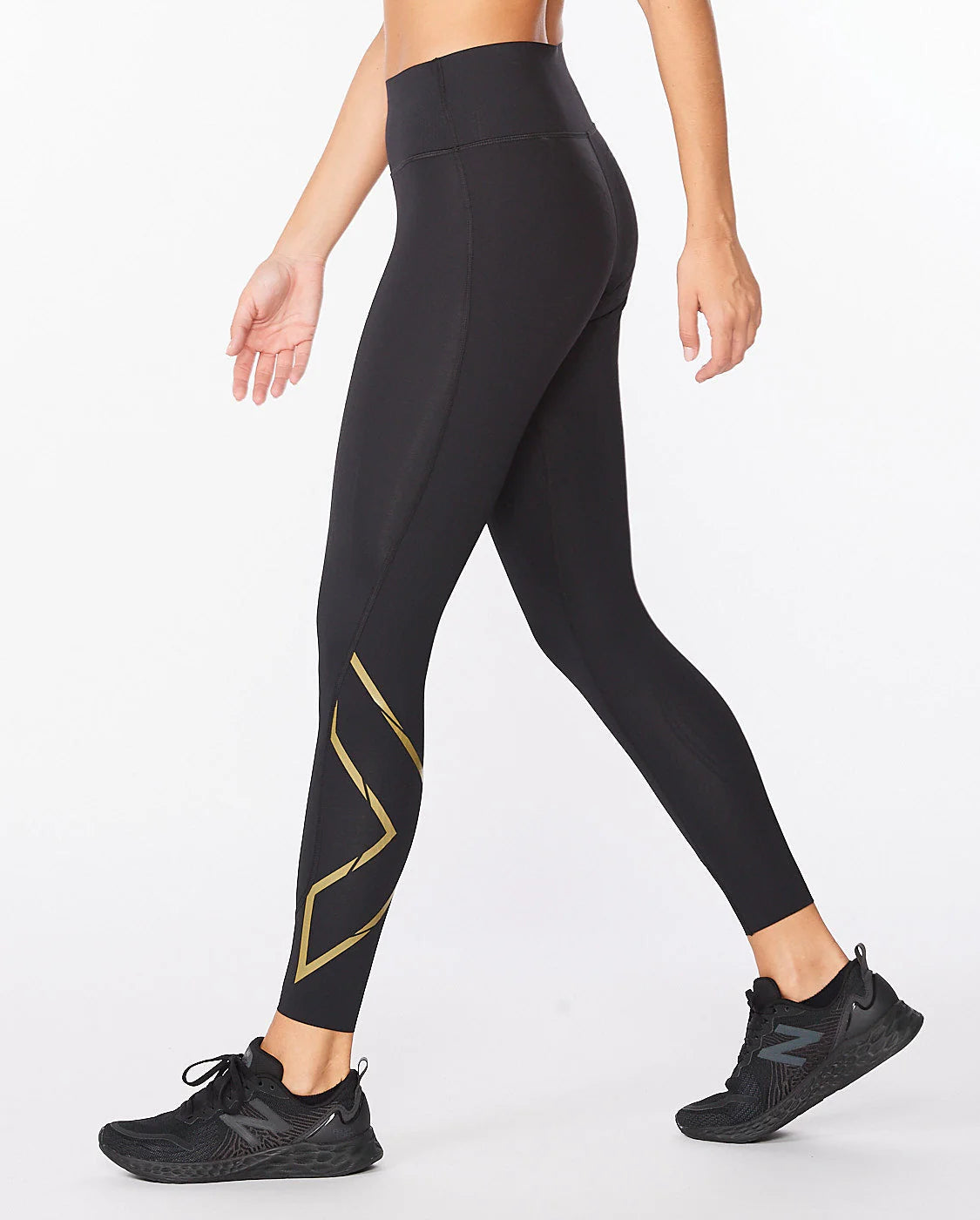 2XU Women's Force Mid-Rise Compression Tights with Flat-Wide Waistband for Training and Fitness, Black/Gold, X-Small 2XU
