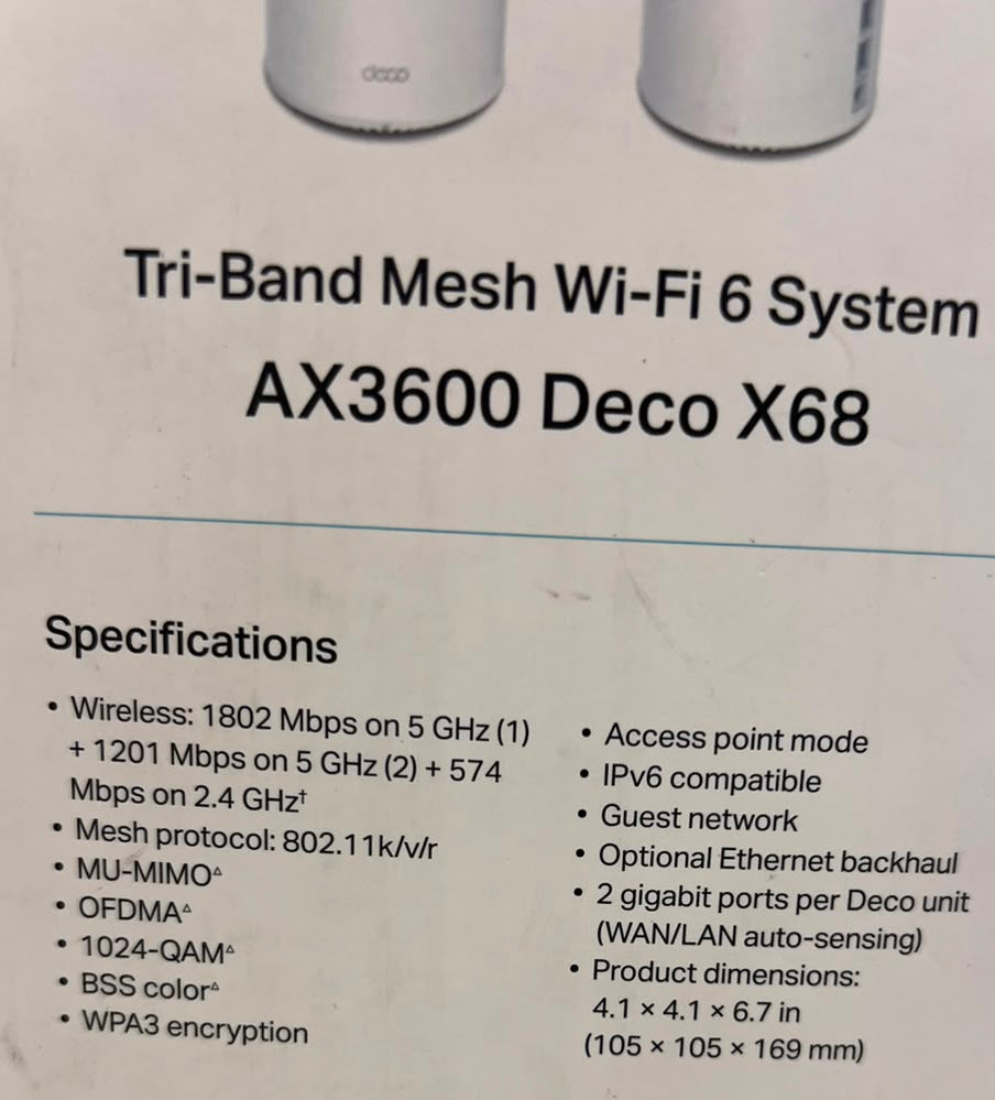 TP-Link Deco X68 AX3600 Whole Home Mesh Wi-Fi 6 System (2-Pack) – As New TP-LINK
