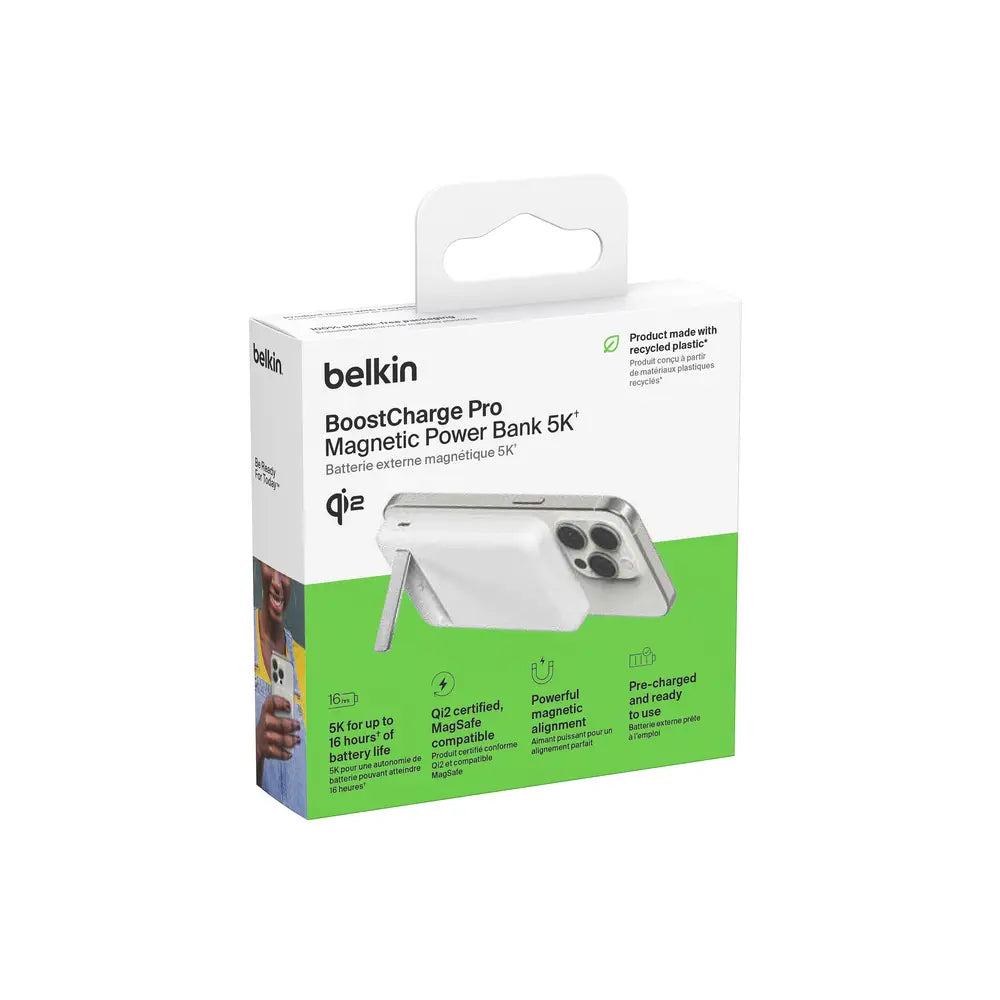 Belkin BoostCharge Pro Qi2 Magnetic Wireless Power Bank 5K with Kickstand - White Belkin