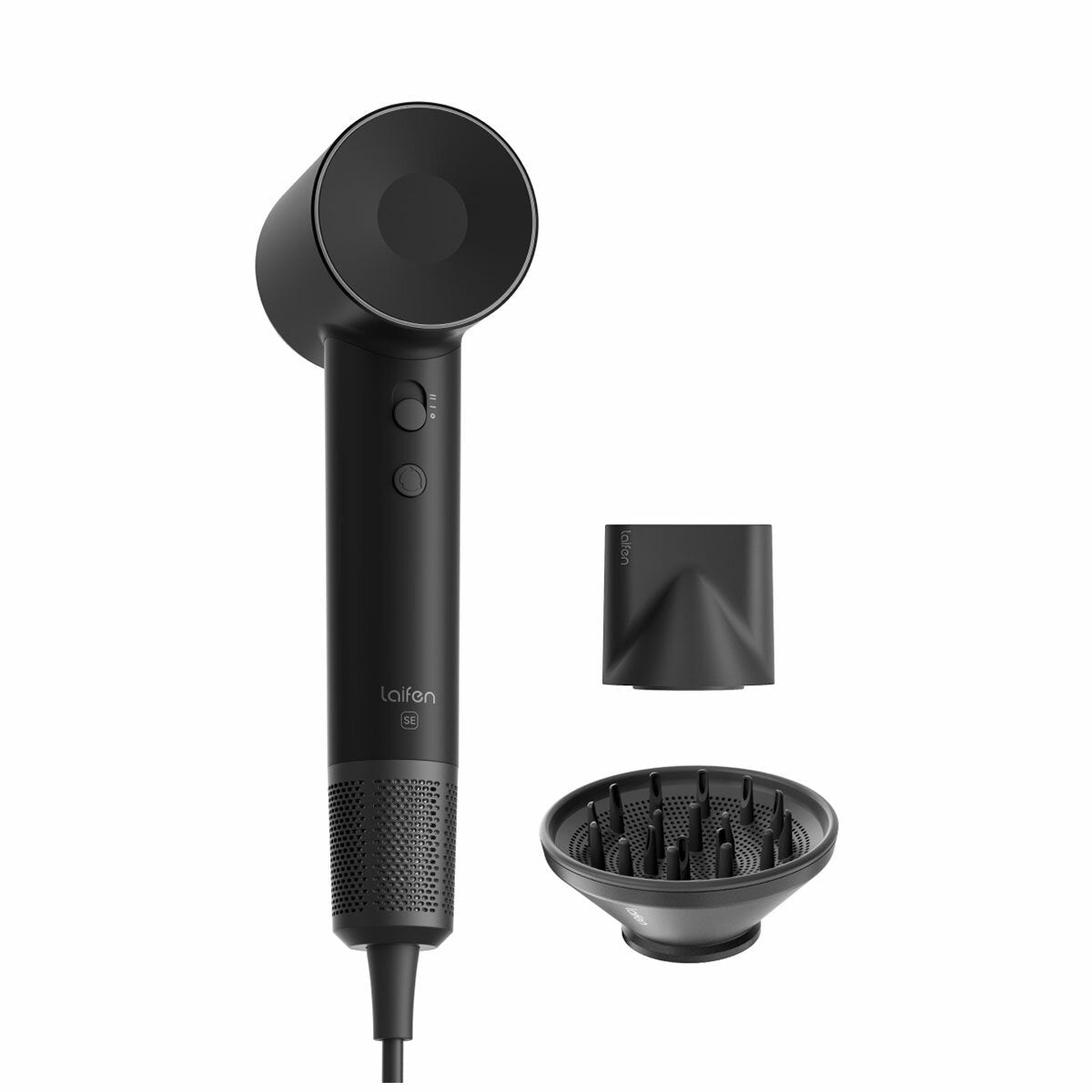 Laifen SE Matte Black hair dryer with magnetic diffuser and smoothing nozzle