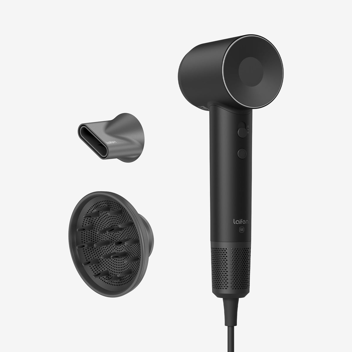 Laifen SE Matte Black hair dryer with included magnetic styling attachments