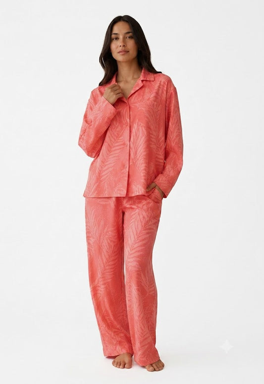DKNY Women's Long Sleeve 2 Piece Woven Pyjama set- Orange DKNY