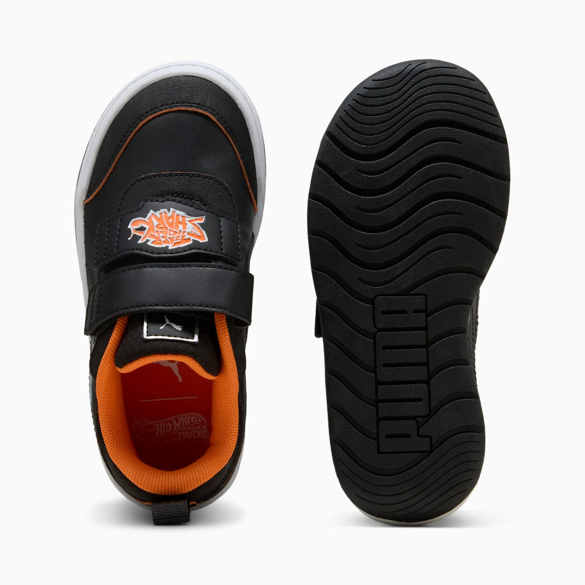 PUMA Kids' Multiflex 2 x Hot Wheels Sneaker, Black/Orange Glo - top and outsole