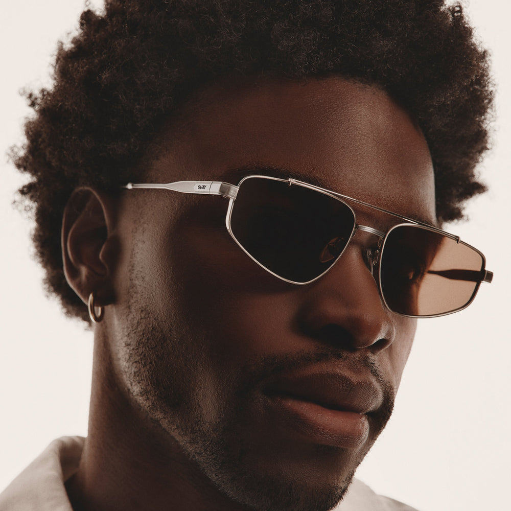 QUAY Pit Stop 79977 UV400 Aviator Sunglasses - Brushed Silver/Brown - 56-17-145 QUAY